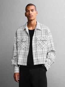 SUMWON 长袖纹理粗花呢衬衫，宽松版型，正面纽扣，白色格纹印花，短款现代街头风格，秋冬上衣