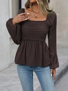 EMERY ROSE Women's Solid Color Square Neck Lantern Sleeve Ruffle Hem Fashionable Blouse - Chocolate Brown - View 4