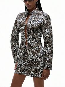 Aveloria GENKIRA Leopard Print PU Leather Hollow Front Random Print Shirt Paired With Skirt, Fashionable & Edgy 2 Pieces Set For Women Fall Cloth For Women - Multicolor - View 5