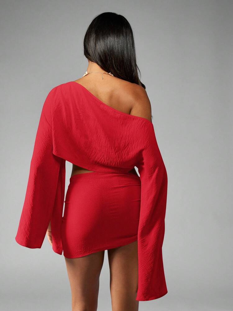 MISSGUIDED Linen Feel Bell Sleeve Crop Top With Wrap Skirt