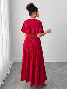 Elenzga 大码女式V领褶饰短袖连衣裙