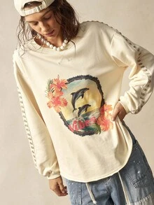 Bohemela 波西米亚风度假岛休闲海豚印花针织T恤女款 - 杏色 - 查看 6