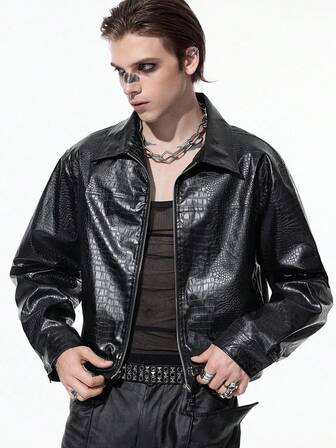 Grunge Punk Men's Fashionable Black Crocodile Embossed PU Leather Jacket