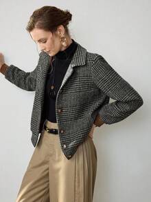 Uhlyne 秋冬新款时尚梭织翻领格纹优雅长袖休闲修身纽扣设计女式夹克外套 - 黑色 - 查看 9