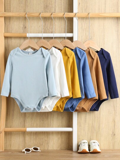 SHEIN 6pcs/Set Newborn Baby Boy/Girl Solid Color Long Sleeve Bodysuit,Navy Blue,Autumn,Casual,Family Matching Knitted Breathable Basic Layering Outfit Set