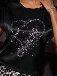 Shutterstock Glamance Áo cánh dơi cổ tròn tay ngắn họa tiết trái tim đính đá cho nữ, trang nhã, mặc đi chơi, mặc thường ngày - màu đen - Xem 5