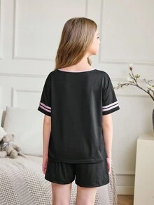 SHEIN Conjunto de pijama de punto con ribete de contraste para niñas - Negro - Ver 2