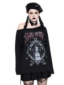 ROMWE Áo thun tay dài cổ bất đối xứng in hình búp bê kinh dị Gothic, Halloween - màu đen - Xem 7