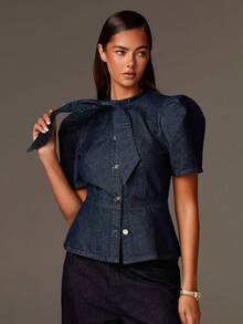 Athîral Denim 女士藏蓝色牛仔蝴蝶结A字衬衫，泡泡袖短袖上衣，金属纽扣，正式场合，优雅，适合通勤，秋季女装 - 藍色 - 查看 2