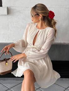 Serisse 女士休闲镂空吊带装饰短款度假连衣裙 - 杏色 - 查看 8