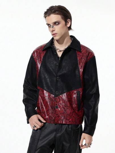 Goth Men's Patchwork Fashion Long Sleeve Vampire Style PU Leather Jacket, Fall Winter