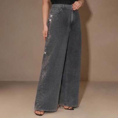 New Fashionable Plus Size Women's Heavily Embellished Rhinestone Decorated Black Straight Leg Jeans