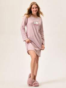 EURMUSE Women PLUS CURVE Cotton Rib Knit With Contrast Colour Binding With Cat Embroidery Detail Round Neck Long Sleeve Homewear Sleep Pajama Dress - Multicolor - View 3