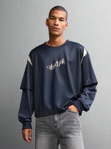 SUMWON Áo bóng đá tay dài hai lớp Boxy Fit New York in họa tiết áo phông xanh navy phong cách retro đô thị thường ngày dạo phố mùa thu đông nhiều lớp - Màu xanh lam - Xem 4