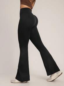 Hanevo Women Seamless Solid Color Flared Sports Pants - Black - View 2