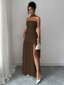 Elenzga Fashionable New Solid Color Glossy Fabric Strapless Long Flowy Ruched Waist Slit Hem Dress, Suitable For Weddings, Graduation Parties, Dates, Vacations