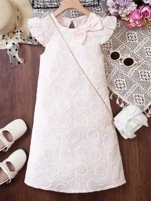 SHEIN Tween Girl Floral Jacquard Ruffle Trim Bow Front Dress