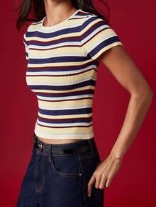 MISSGUIDED Knitted Stripe Baby Tee Ribbed Crop Top Multi Color Short Sleeve Fitted Summer Y2K Retro Fashion 90s Style Casual Sweater Top - Multicolor - View 5