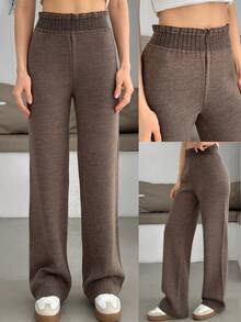 EURMUSE Women Solid Color Drawstring Detailed Wide Leg Sweater Pants,Burgundy Trousers - Brown - View 1