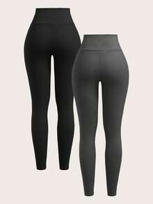 SHEIN EZwear 女士休闲纯色高腰紧身裤 - 深灰色 - 查看 2