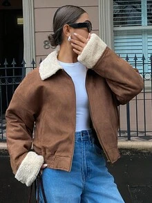 DAZY 女士宽松休闲厚羊毛拼布领夹棉大衣，秋冬夹克 - 棕色 - 查看 1