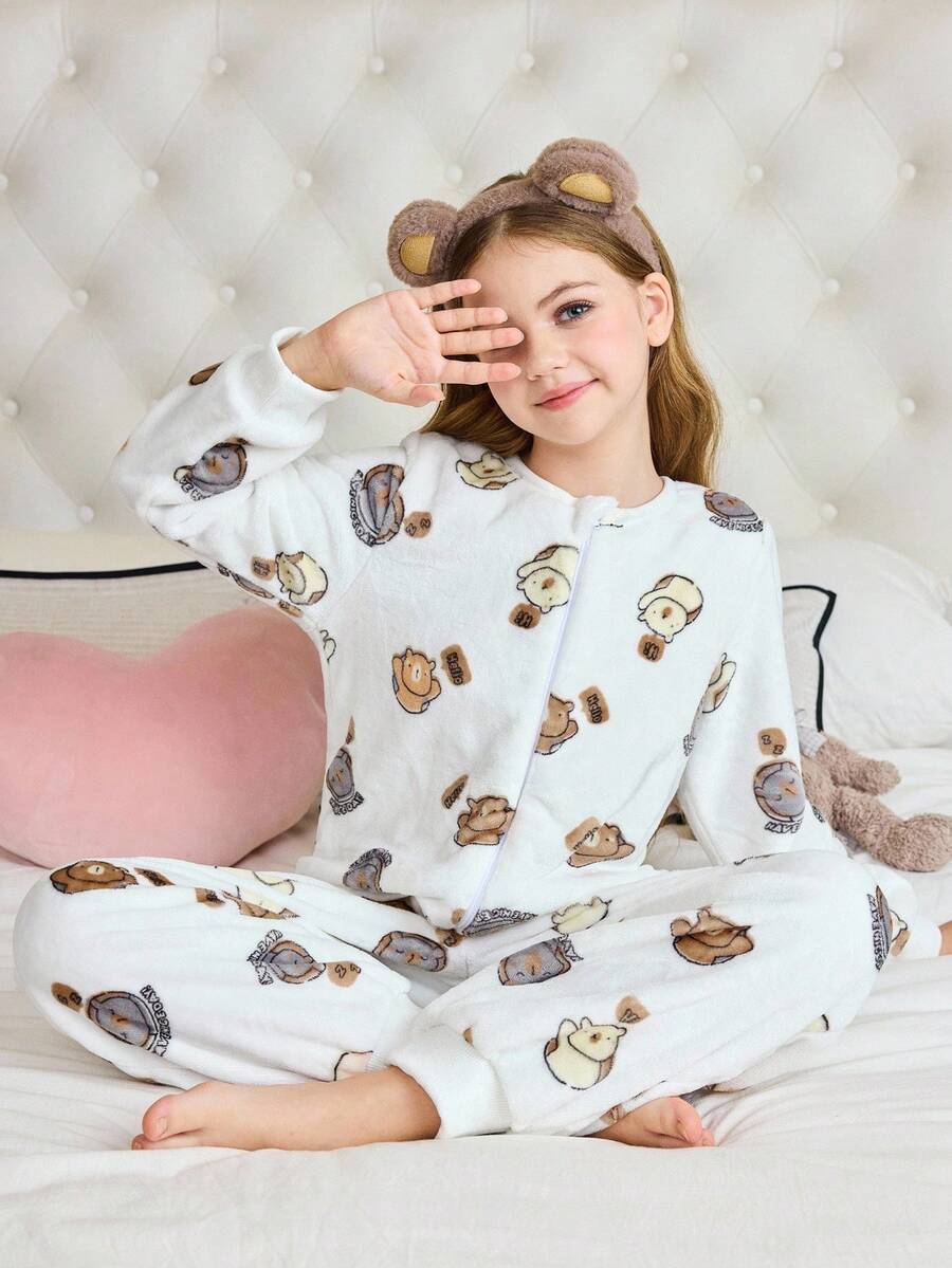 女童卡通熊印花毛绒睡衣 - 彩色 - 查看 1