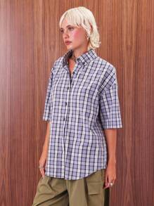 COUREZ 短袖宽松格纹衬衫 / Y2K 女装秋冬款外出上衣 - 灰色 - 查看 5