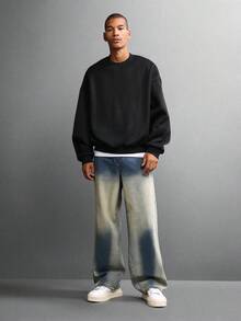 SUMWON Blugi cu picior larg, croială largă, efect vintage decolorat, spălat uzat, croială lejeră, streetwear, pantaloni din denim, toamnă-iarnă, modă casual, ținute zilnice - Albastru - Vizualizare 3