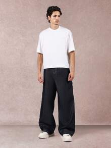 SUMWON 阔腿宽松牛仔裤，工装风格，侧边口袋设计，撞色缝线，秋冬时尚简约款 - 藍色 - 查看 3