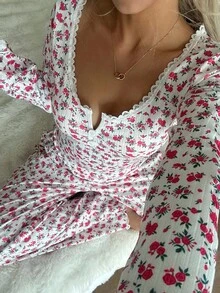 CottageSlumber CottageSlumber Lace Trim Square Neck 2-Button Romantic Ditsy Floral Long Sleeve Pajama Set, Fall Clothes Women Pajama Set Rose Pajama Set Floral Pajama Set Pajamas Set Two Pieces Lounge Wear Set Women  Cozy And Elegant Details