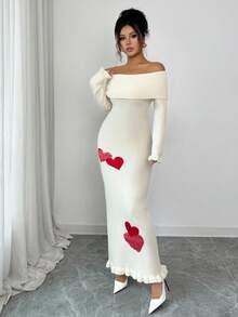Selianne Autumn/Winter New Off Shoulder Ruffle Heart Intersect Knitted Slim Fit Long Sweater Dress For Women - Apricot - View 4