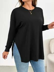 SHEIN Essnce 大码女装春秋时尚休闲宽松舒适日常简约基本百搭修身高开叉黑色 T 恤、秋装、外出上衣 - 黑色 - 查看 5