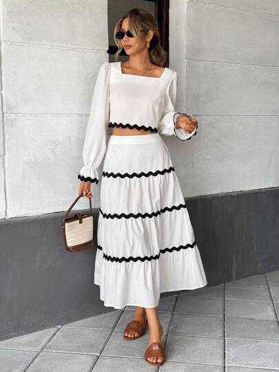 Serisse 女士优雅撞色镶边方领上衣和裙子两件套