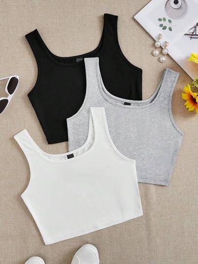 SHEIN EZwear 3pcs/Set Casual Minimalist Black & White Solid Color Versatile Fit Camisole And Tank Top, Suitable For Summer & Autumn, Plus Size