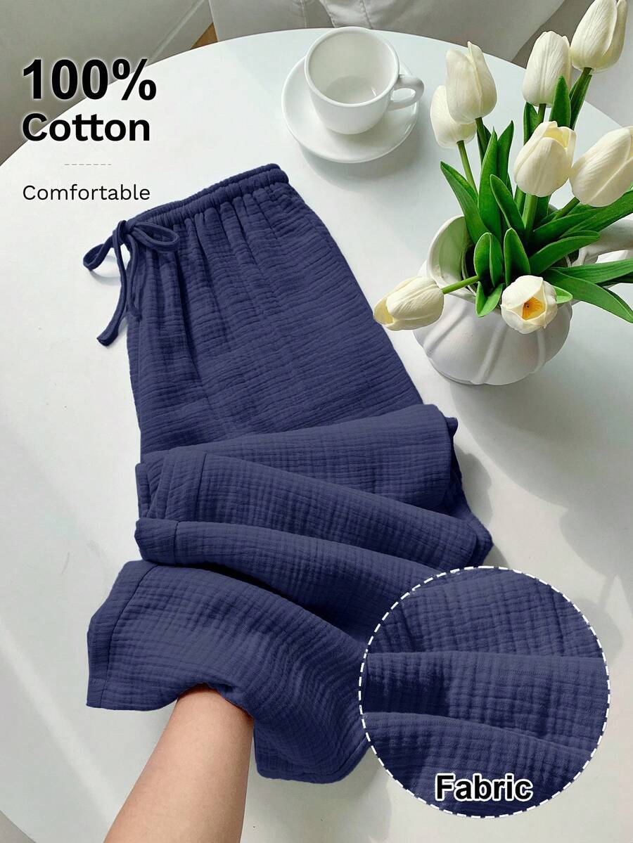 Comfortcana Navy Blue Straight Leg Long Pants With Pockets In Breathable Woven Fabric Women Cotton Pants Cotton Gauze Pants,Fall Cotton Women Clothing Gauze Clothing Women - Navy Blue - View 1