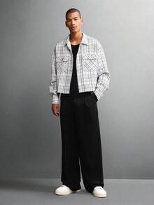 SUMWON 长袖纹理粗花呢衬衫，宽松版型，正面纽扣，白色格纹印花，短款现代街头风格，秋冬上衣