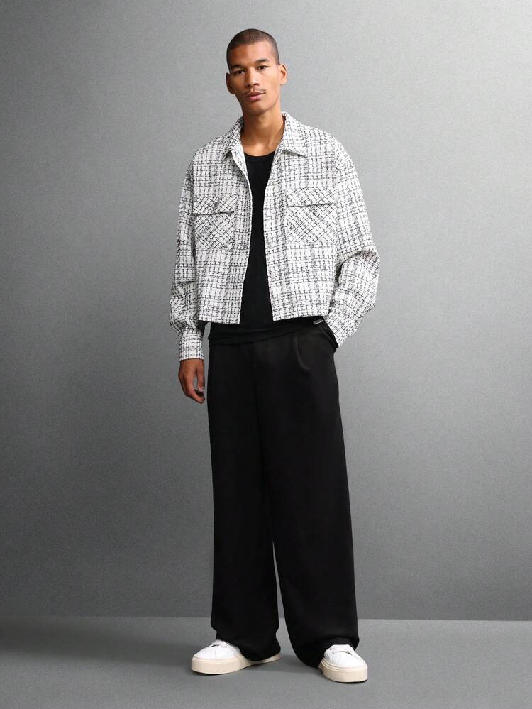 White Tweed Cropped Shirt With Check Pattern