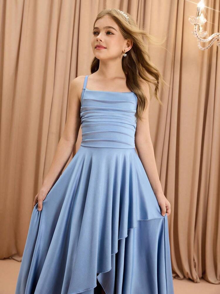 女孩优雅时尚奢华细肩带交叉肩无袖高腰收腰喇叭下摆长款不对称下摆设计纯色缎面闪亮面料高端圣诞节、毕业典礼、派对、万圣节连衣裙 - 藍色 - 查看 5