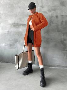 RueChic Solid Zip Up Teddy Jacket - Orange - View 3