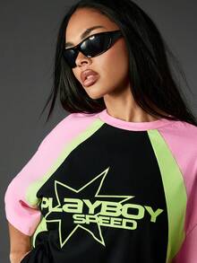 Missguided x Playboy Áo thun tay ngắn in họa tiết Colorblock cỡ lớn cho mùa xuân hè thường ngày - Nhiều màu - Xem 5