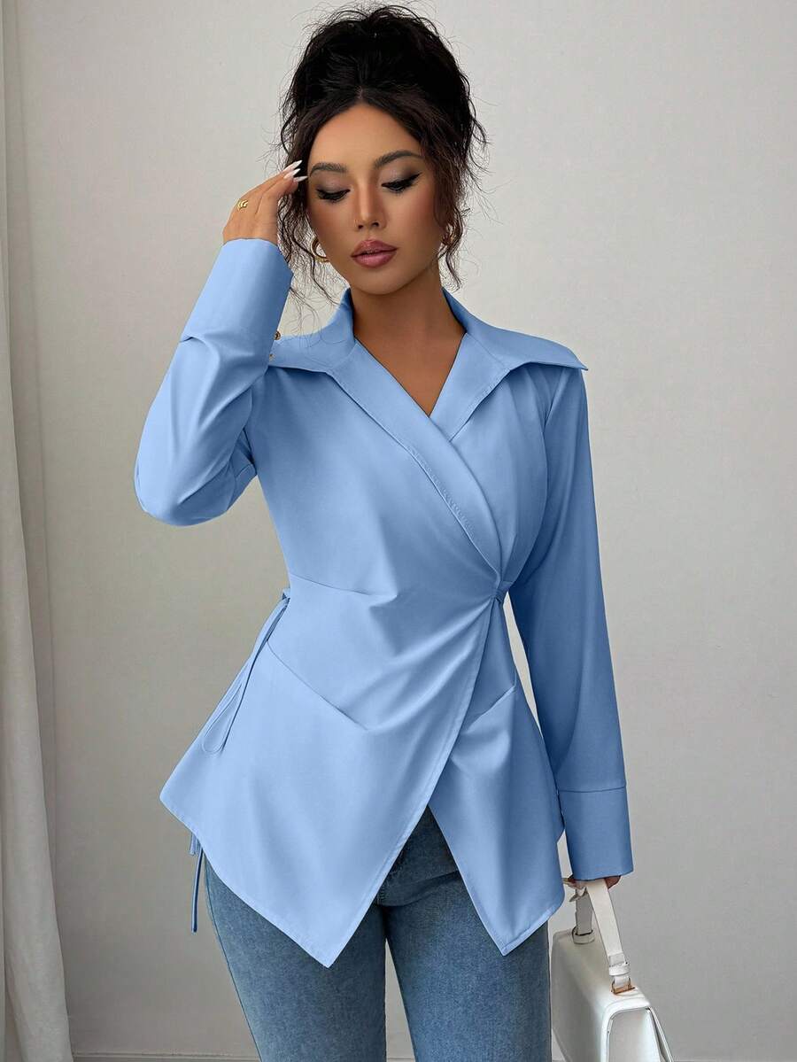 Elenzga Women's Solid Color Crossed Wrap Front Long Sleeve Casual Versatile Shirt - Blue - View 1