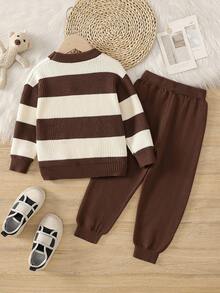 SHEIN Playful Pals Young Boys'Retro Thick-Striped Sweater & Pants Sets - Stylish, Comfortable,Suitable For Autumn/Winter Boys Two Piece Outfit Boys Brown Pants Boys Brown And White Striped Sweater Toddler Boy Clothes Boys Autumn Outfit Fall - Brown - View 2