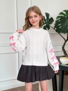 SHEIN Tween Girl Knitted Textured Colorblock Bow Crew Neck Casual Pullover Sweater, Comfortable & Cute, Suitable For Everyday Wear,In Fall/Winter