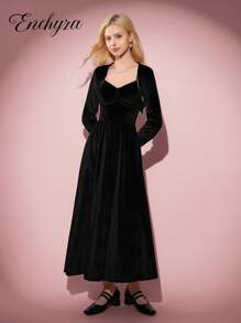 2pcs/Set Teen Girls Casual Elegant Vacation Dress, Black Long Sleeve Jacket And Black Velvet Bowknot Camisole Snug Fit Maxi Dress, Suitable For Halloween, Autumn/Winter Black Outfits Black Dress Black Clothes Black Outfit Set Black Glitter Dress - Black - View 7