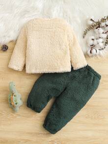 SHEIN Playful Pals 2pcs Baby Boy Autumn/Winter Fleece Pajama Set, Cute Dinosaur Embroidery Casual Long Sleeve Top And Pants Homewear Fall - Green - View 2