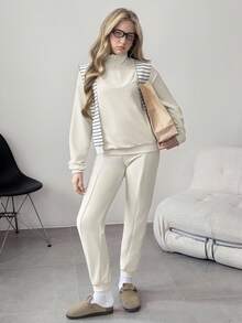 2pcs/Set Teen GirlSolid Color Casual Homewear, Stand Collar Turndown Collar Long Sleeve Sweatshirt + Pants Set, Autumn/Winter - Apricot - View 5