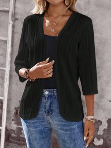 EMERY ROSE Women's Solid Color Open Front 3/4 Sleeve Casual Lightweight Jacket, Autumn,Fall - Black - View 3