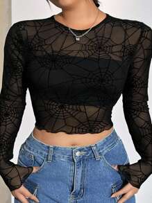 SHEIN EZwear Plus Size Women Black Spiderweb Print See-Through Fitted Long Sleeve Top