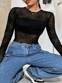 SHEIN EZwear Plus Size Women Black Spiderweb Print See-Through Fitted Long Sleeve Top