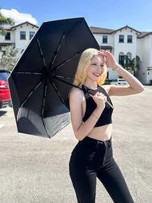 1pc Fully Automatic 16 Ribs Black Umbrella, Windproof Sun Protection Umbrella, UV Blocking Reverse Folding Compact Umbrella, Business Umbrella For One Person For School,Office,Household,Travel (Fabric Cover, Rib Color, And English Letter Pattern Design Randomly Assorted)